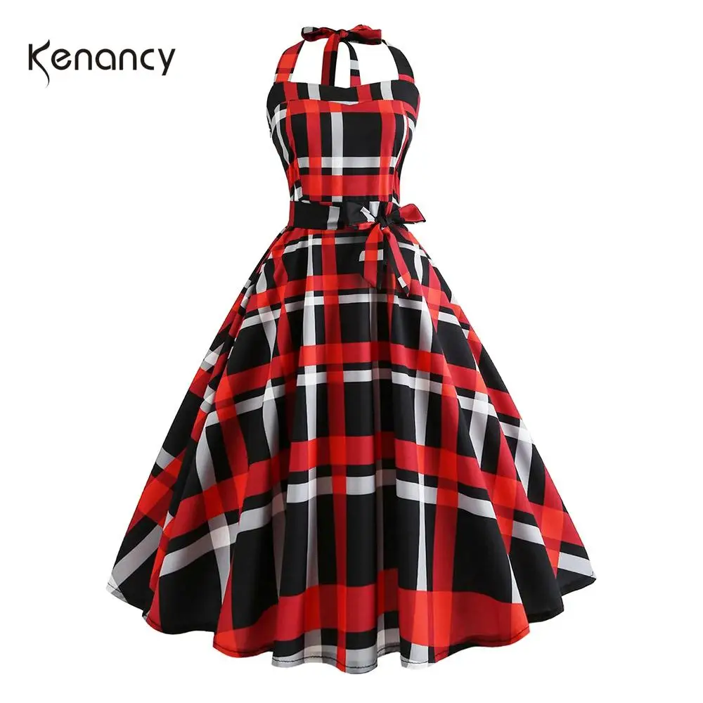 Женское клетчатое платье с лямкой на шее без рукавов|Платья| |