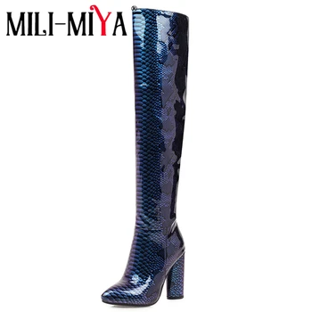 

MILI-MIYA New Arrival Women Boots Over-The-Knee Patent Leather Snake Pattern Zipper Waterproof Super High Square Heels Size 46