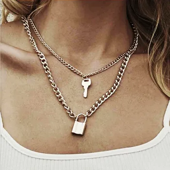

EN Fashion Key Padlock Pendant Necklaces for Women Gold/Silver Color Lock Necklace Multi Layer Chain Rock Hiphop Punk Jewelry
