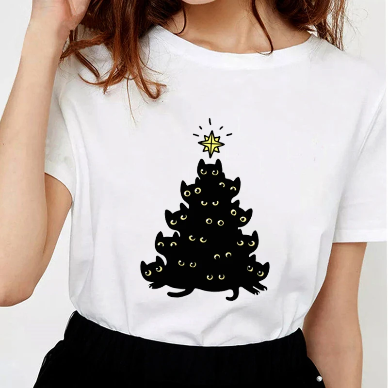 Новинка, летняя женская футболка с рождественской елкой, Забавные футболки, женские футболки с черной кошкой, мягкие хлопковые повседневные белые топы, футболки S1557