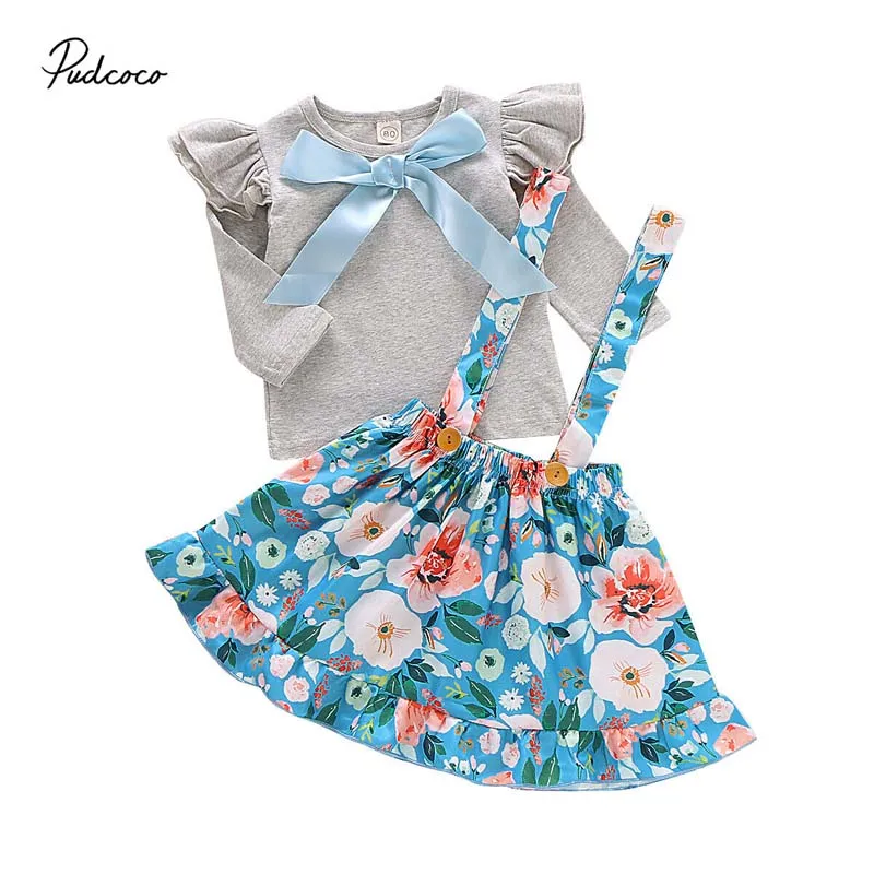 

2019 Baby Spring Autumn Clothing Toddler Kid Baby Girl Bowknot Shirt Tops+Floral Bib Skirt Princess Party Dress Outfit Set 3M-3T