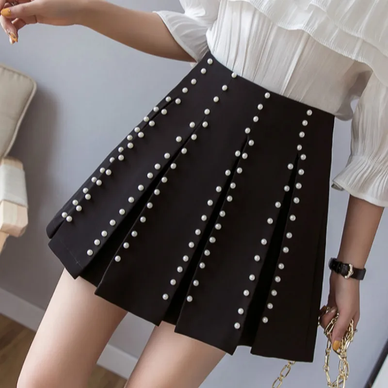 Весна Лето Новая женская мини юбка корейская мода высокая Талия Бисероплетение А-силуэт плиссированные юбки женские элегантные черные Jupe