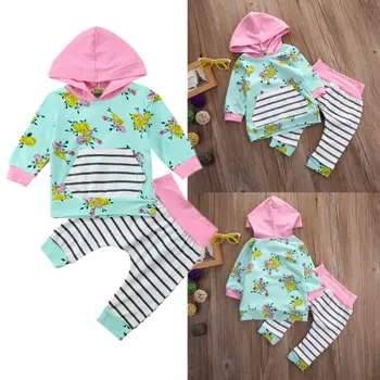 

Hot 0-3T Toddler Newborn Baby Boy Girl Outfits Clothes Hoodie Tops+ Striped Pants Legging Set 2pcs