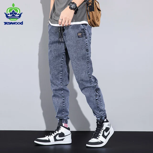 Spring Summer Loose Men's Jeans Text Embroider Jogger Male Grey Large Size 1