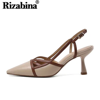 

RIZABINA Women Fashion Sandals Shoes New Design Spike Heels Shoes Women Genuine Leather Slingbacks Buckle Footwear Size 34-39