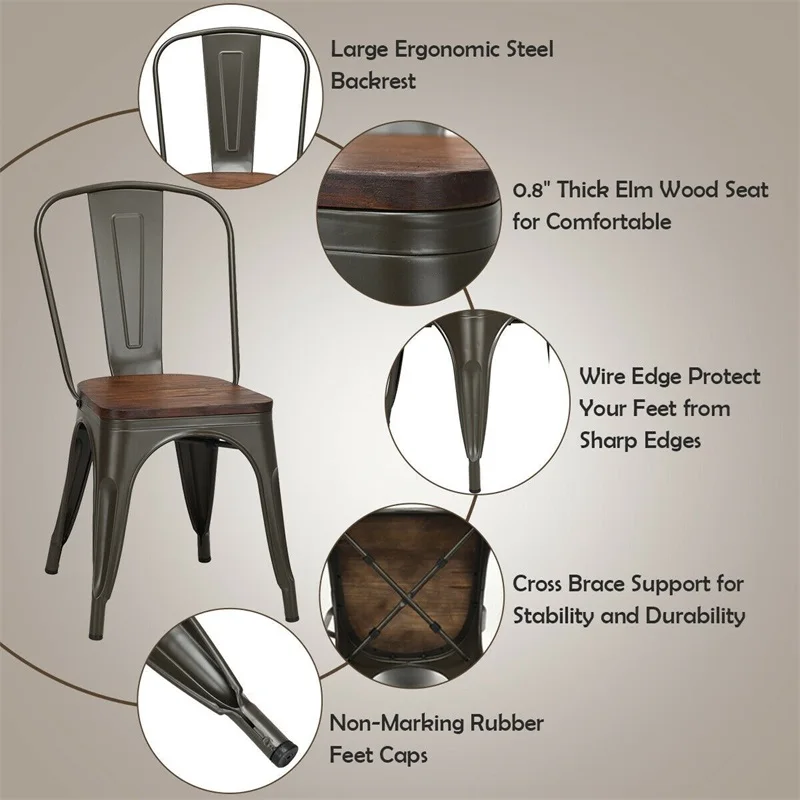 Набор из 4 Штабелируемых металлических деревянных обеденных стульев тяжелая