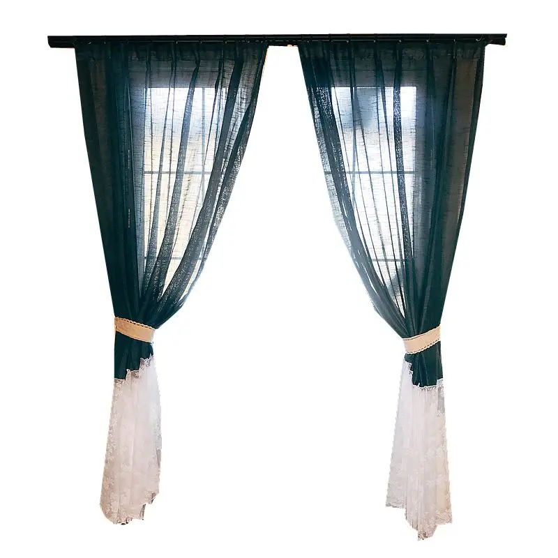 

Korean Sweet Princess Cotton Linen Curtains Blue White Lace Spliced Curtain Tulle for Living Room Kitchen Bedroom Roman Sheer