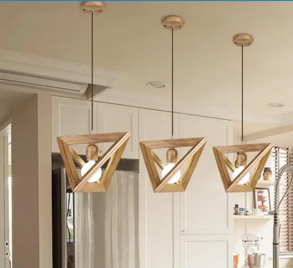 

Nordic Art Iron Pendant Light Bar Restaurant Triangle Geometric Solid Wood Droplight Lamp E27 38cm Drop luminaria