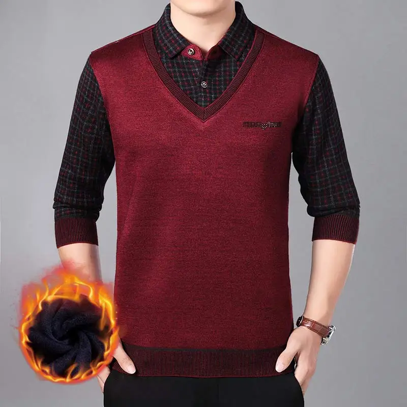 Повседневная поддельная рубашка поло из двух частей, мужская рубашка из джерси в клетку, мужские зимние толстые теплые рубашки поло, модная одежда 93053 - Цвет: Бургундия
