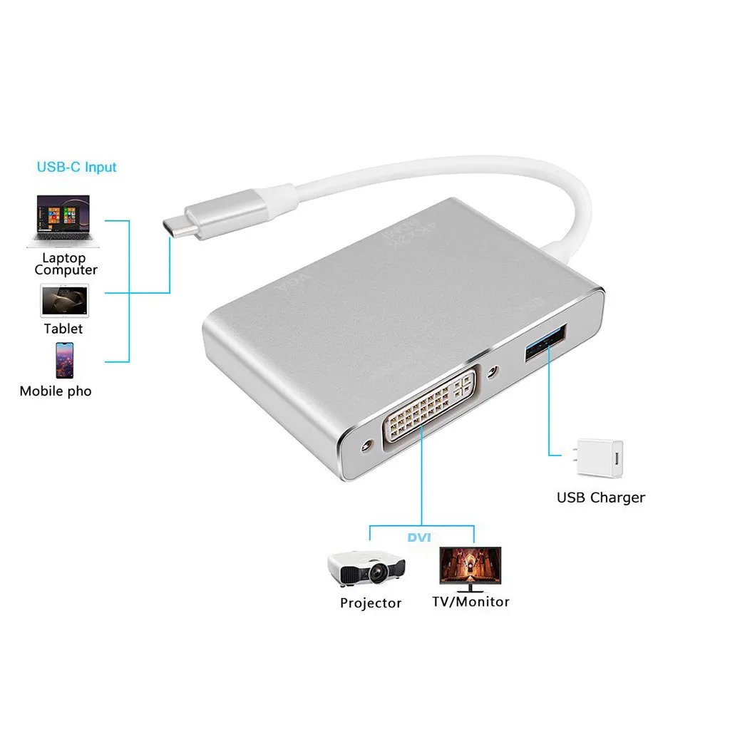 Тип-c к HDMI DVI VGA USB 3,0 адаптер USB C конвертер Зарядка 4 в 1 концентратор адаптер для Projetor ТВ ноутбук компьютер аксессуары