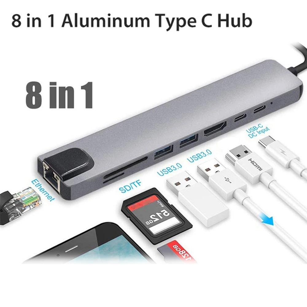 Bajo costo Adaptador multipuerto USB 3,0 tipo C a concentrador de USB-C, 8 en 1, 4K, compatible con HDMI, 87W, PD, convertidor de Cable de carga rápida para Macbook OnwZemzwxgp