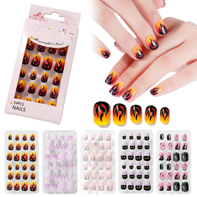 Halloween Nail Art for Children and Adults 24 Pieces of Flame Cartoon Portable Wearable Finished Nail Patch for Children 24pcs manicure patch false nail art patch detachable wearable finished nail accessories for woman