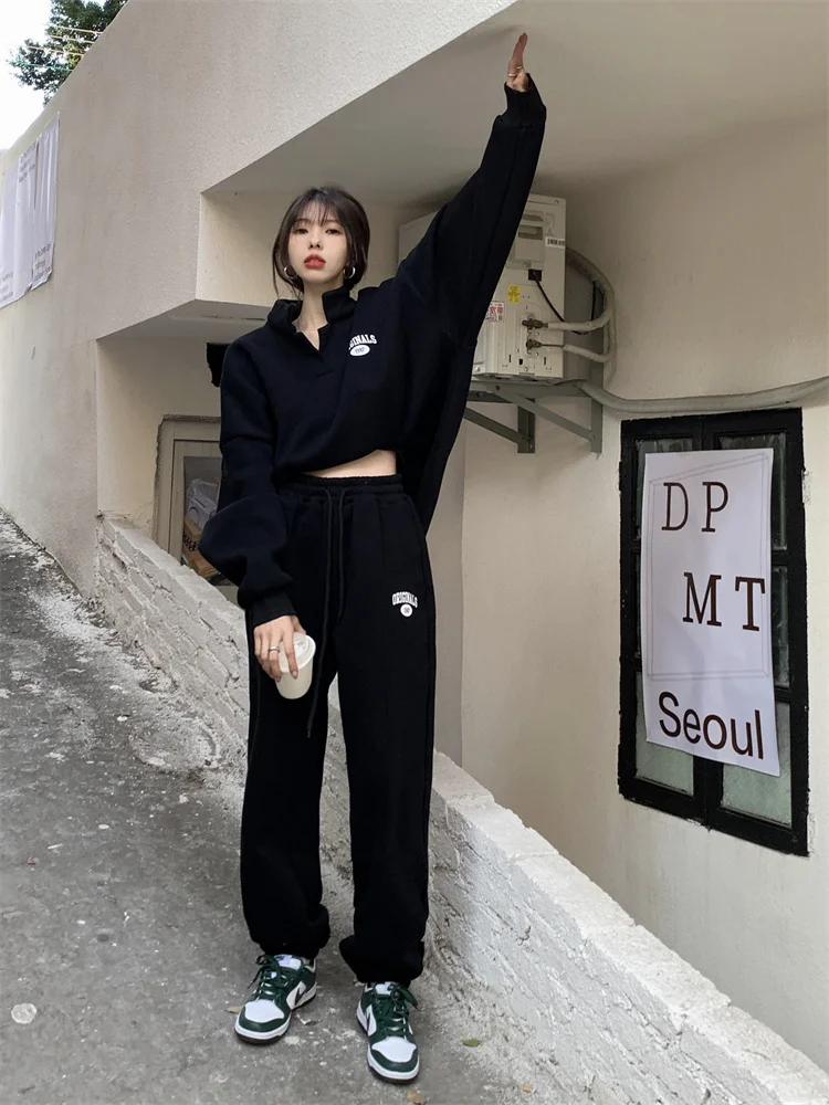 Bornladies 2022 Women Cotton Sweatshirt Suit Oversized Sets Female Stand Collar Loose Sweatshirt + Long Pants Suits Short Sets black pant suit
