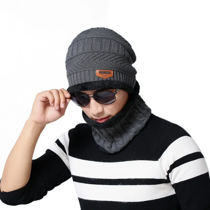 Комплект из 2 предметов, повседневная шапка+ шарф, модный мужской комплект, новинка, зимние теплые вязаные плотные шапки с черепом и мягкие плюшевые шерстяные шарфы - Цвет: grey1