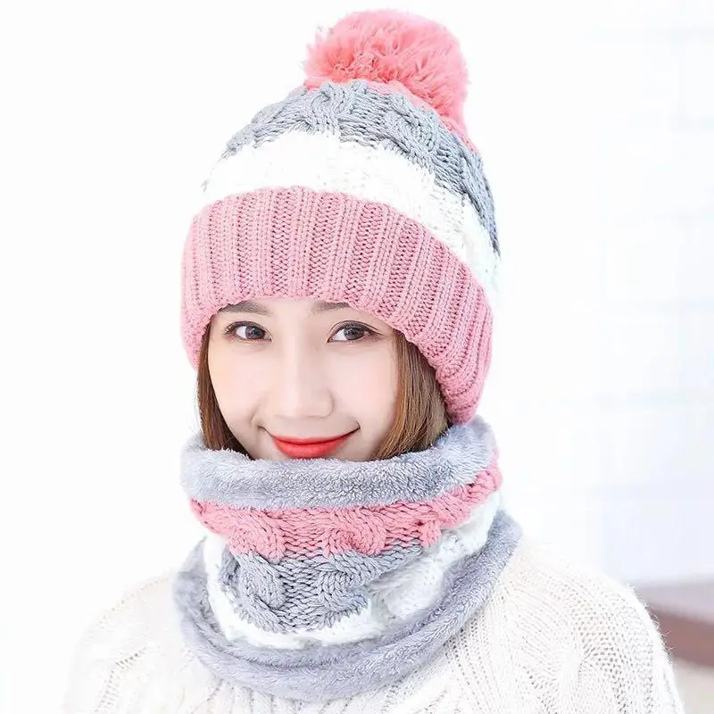 Fashion Winter Hat Scarf Set For Women Girl Warm Beanies Cap Lady Ring Scarf Pompoms Winter Hats Knitted Caps Scarf 2 Pieces