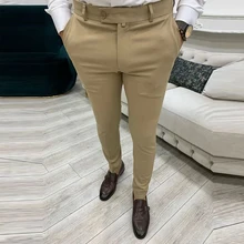 Outono novo masculino casual fino abotoado lápis calças dos homens primavera calças casuais moda cor sólida calças de negócios