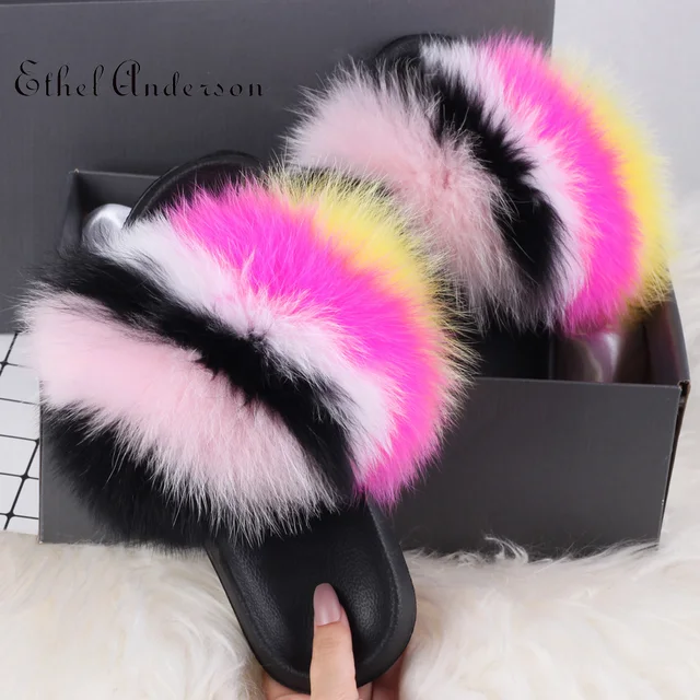 2021 Hot Sale Women Real Fox Fur Slippers Multi-color Summer Fashion Slides Casual Female Furry Shoes As picture