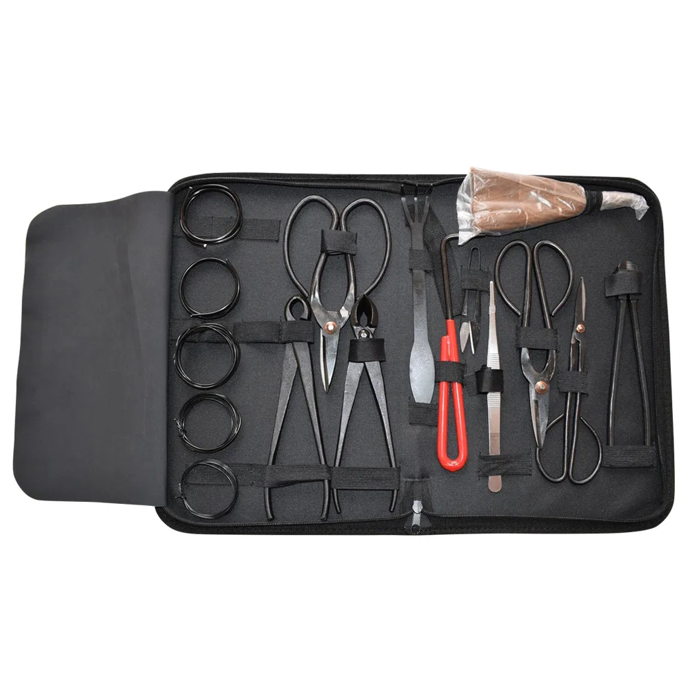 16Pcs Garden Bonsai Tool Set Carbon Steel Kit Cutter Scissors with Nylon Case K888 - Цвет: Черный