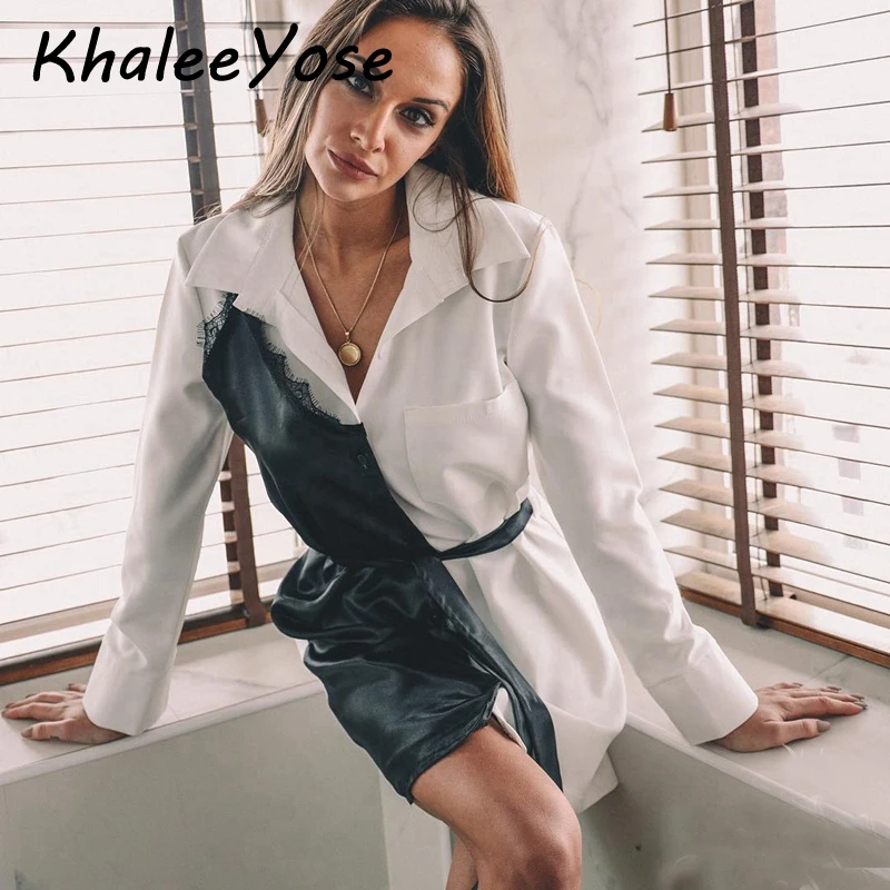 KHALEE YOSE белое черное платье-рубашка осень-весна с длинным рукавом женские