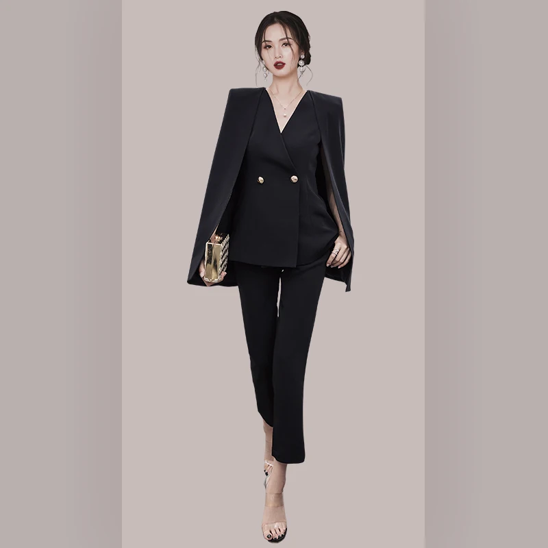 Runway Women Pants Suit Elegant Fall Winter Shawl Cloak V Neck Batwing Sleeve Blazers 2PCS Set And Office OL Pecnil Pants Set - Цвет: Черный