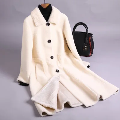 Milky white Winter Coat Women Korean Long Granule Sheep shearing Fur coat High quality Single-breasted Loose Warm Women Fur Jacket Overcoat - Цвет: Milky white