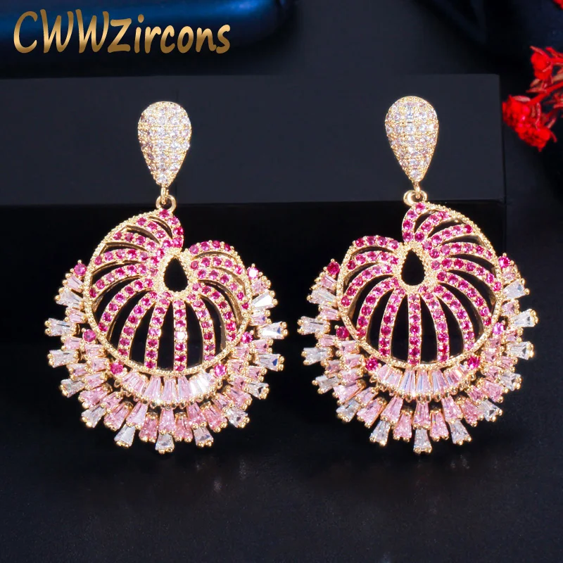 Cwwzircon розовые красные фианиты камень длинные капли большие серьги для женщин