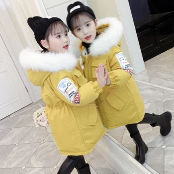 

Girls Winter Jacket Children's Letter Print Warm Coat Kids Big Fur Hooded Clothing Down Jacket Thicken Parkas for 3-12 Years