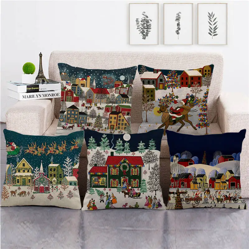 

pillowcase merry christmas in country small town pillow cover linen/cotton sofa cushion cover decorative pillows