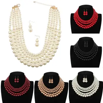 

Women Multi Layer Faux Pearl Necklace Hook Earrings Wedding Party Jewelry Set Necklace Hook Earrings Wedding Party Jewelry Set