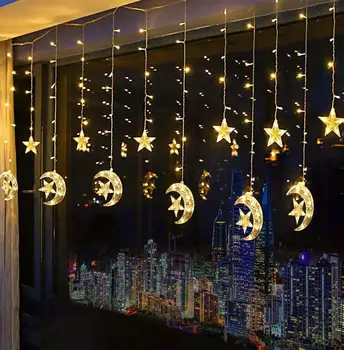 

Battery operated 2.5M 138leds Moon Star Curtain String Lights Ramadan Decorations Garland lamp for Christmas Party Wedding