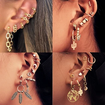 

FAMSHIN Punk Mixed Metal Gold Earrings For Women New Mixed Map Moon Chain Earring Set 2020 Fashion Statement Boho Jewelry Gifts