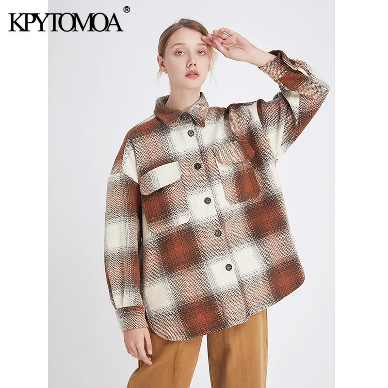 price cut Vintage Stylish Pockets Oversized Plaid Jacket Coat Women 2020 Fashion Lapel Collar Long Sleeve Loo