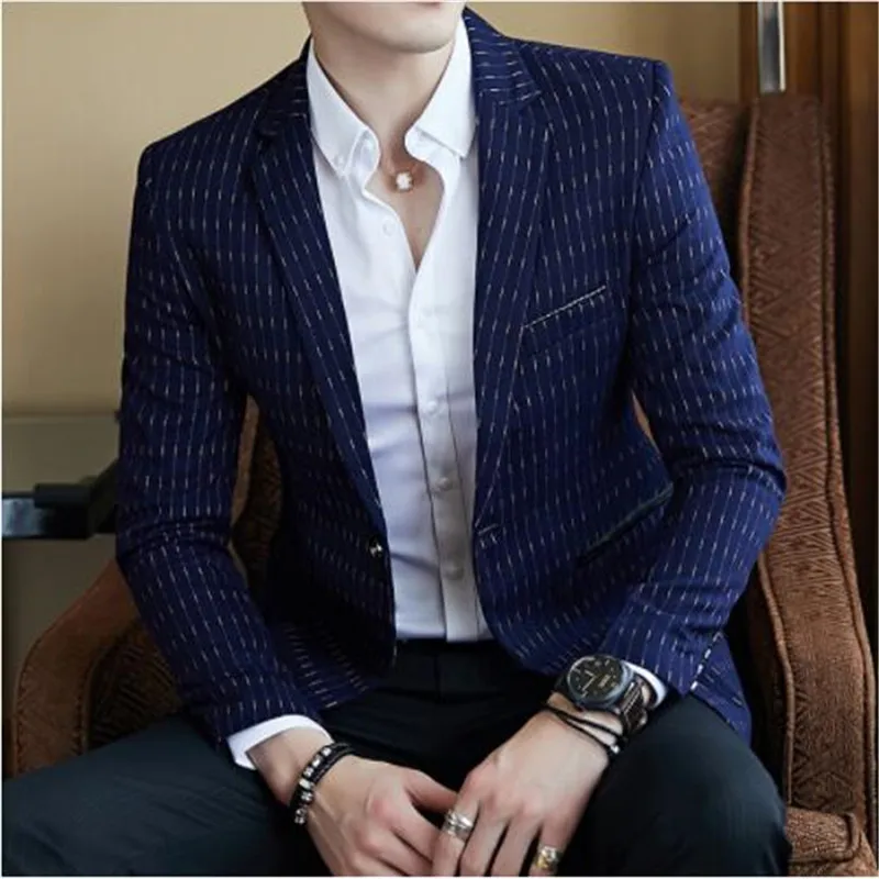 Полосатый пиджак мужской Slim Fit Блейзер Slim Masculino Мужская, в деловом, повседневном стиле стильный Блейзер Демисезонный в горошек или в полоску пиджаки для женщин