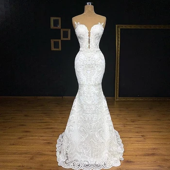 

2020 Sheer Neckline Sleeveless Floral Lace Illusion Back Mermaid Court Train Wedding Dress