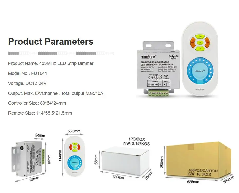 50 шт. Mi boxer FUT041 DC12V DC24V 433 МГц Светодиодная лента регулятор яркости затемнения для 5050 3528 одноцветная Светодиодная лента