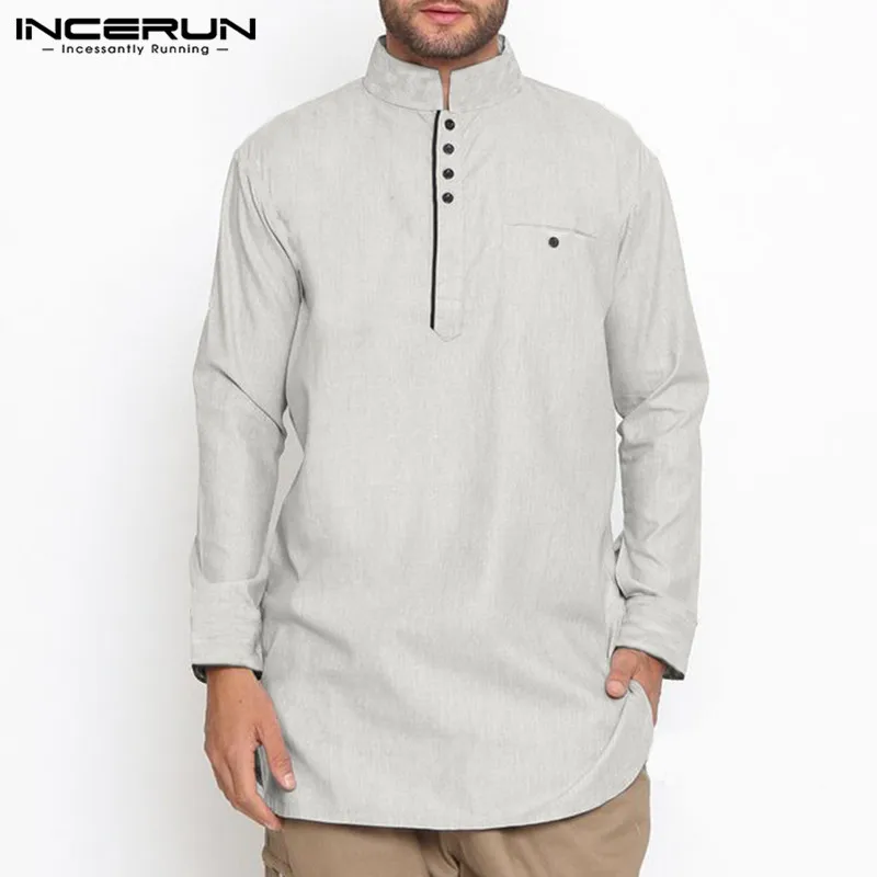 Cotton Indian Men Shirt Stand Collar Long Sleeve Solid Vintage Button Long Shirts Men Muslim Clothing INCERUN Plus Size 2020 Cotton Indian Men Shirt Stand Collar Long Sleeve Solid Vintage Button Long Shirts Men Muslim Clothing INCERUN Plus Size 2020