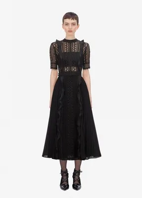 Новое дизайнерское платье с автопортретом женское черно-белое кружевное винтажное плиссированное платье миди в стиле пэчворк с оборками vestidos de festa - Цвет: Черный