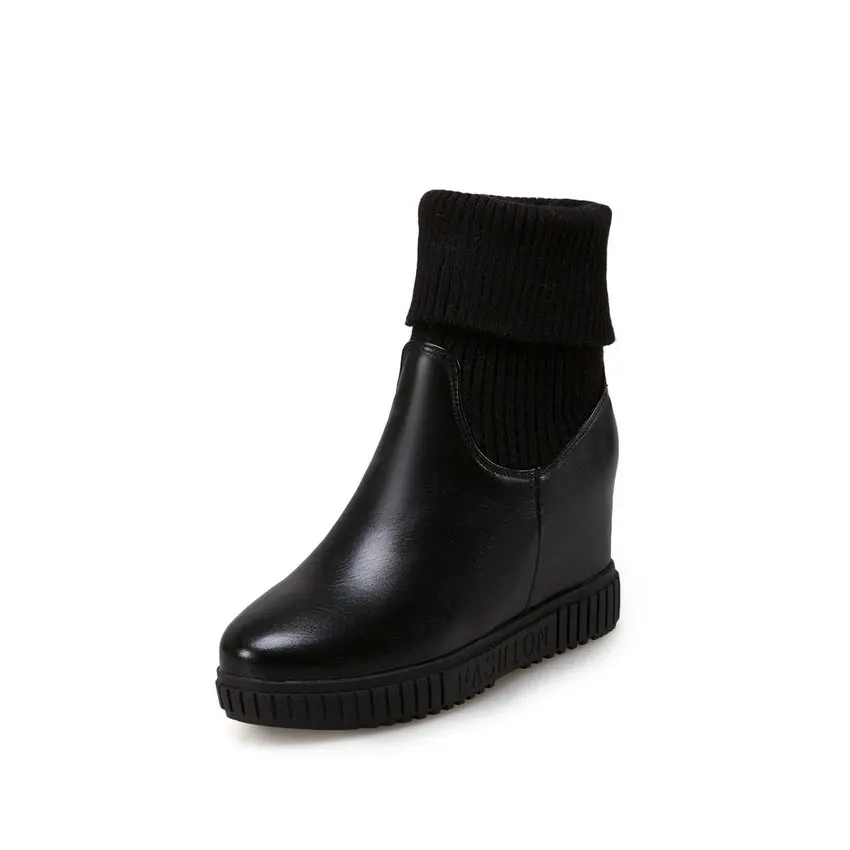 QUTAA Fashion Platform PU Leather Knitting Height Increasing Slip on Ankle Boots Round Toe Warm Fur Women Shoes Size 34-43