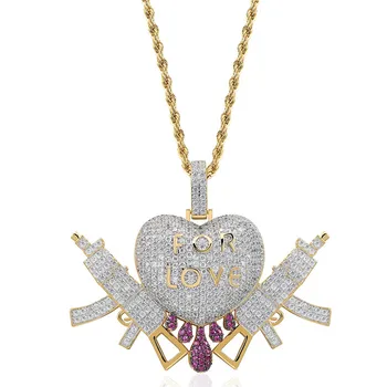 

Hip Hop Love Heart With Double Gun Pendants Designer Necklace Iced Out Bling Cubic Zircon Men'S Rapper Jewelry