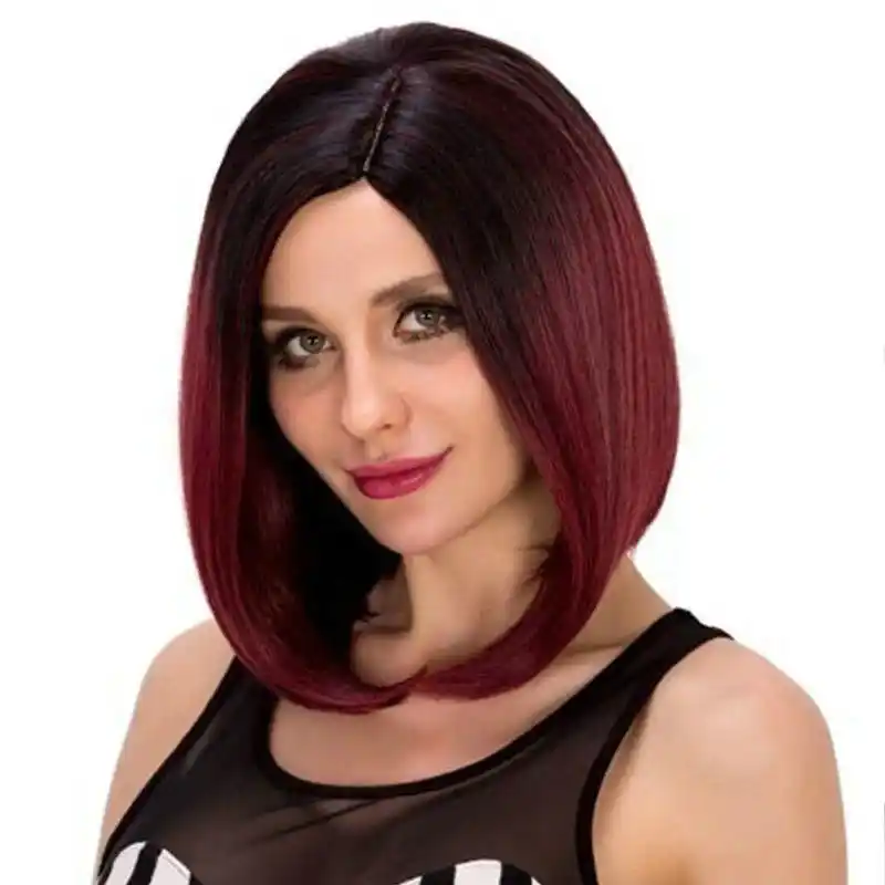 Peluca De Color Vino Tinto Con Degradado Pelucas De Pelo Corto Sin Flequillo Largo Al Hombro Pelucas De Parte Media Pelucas De Pelo Liso Corto Aliexpress