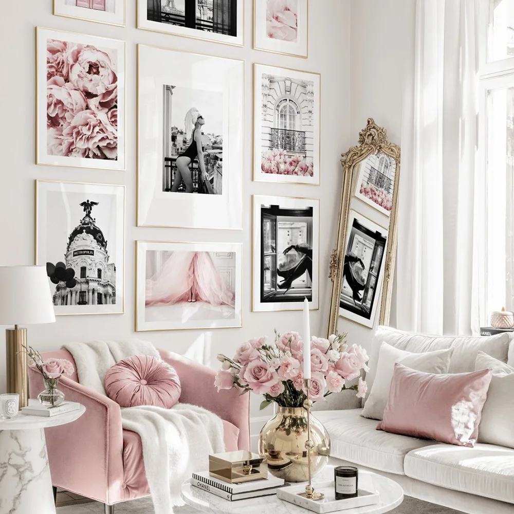 Modern-Fashion-Girl-Picture-Home-Decor-Nordic-Pink-Flower-Style-Wall-Art-Black-White-Posters-and (3)