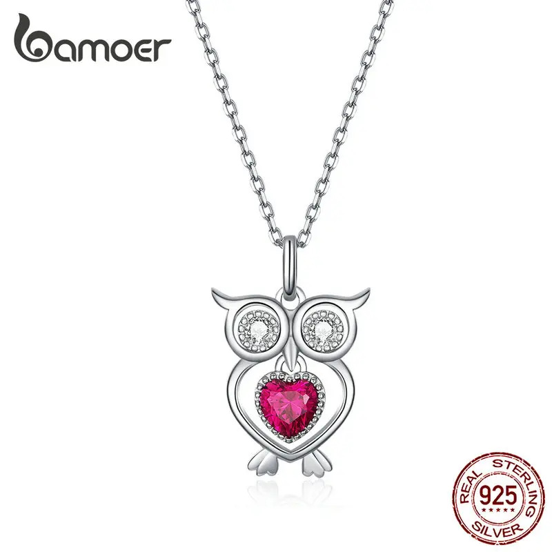 

bamoer Owl Animal Pendant Necklace for Women Authentic 925 Sterling Silver Fine Heart Lover Gifts Engagement Jewelry BSN110