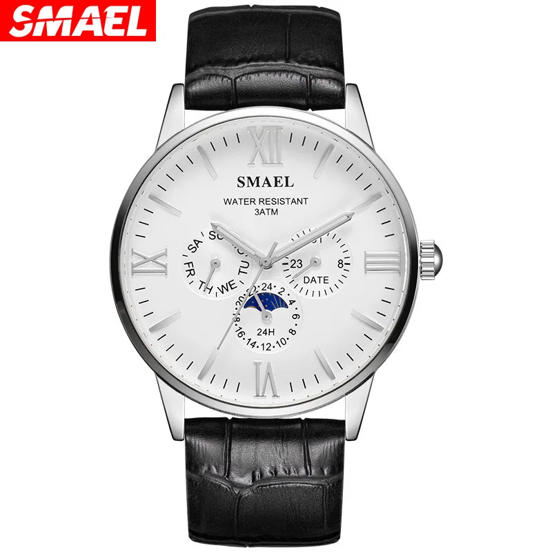 

Smael new leather strap waterproof watch men's fashion luminous watch calendar 6-pin quartz watch