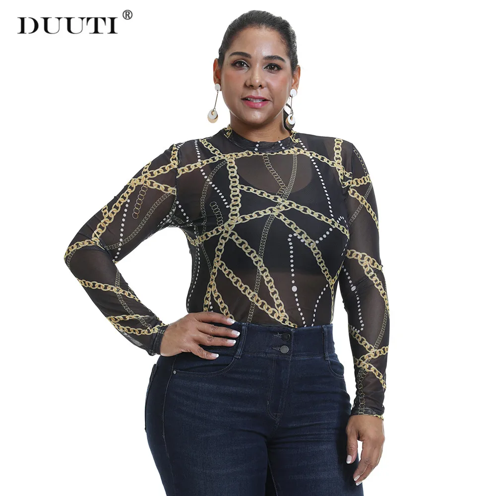

DUUTI Sexy Women T-shirt Large Size See Through Mesh Print Tops Long Sleeve Sheer Slim Stand Collar T-Shirts Camiseta Mujer D35