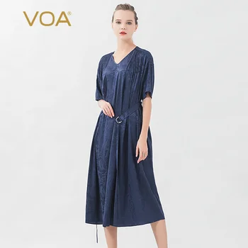 

VOA Silk Concealed Jacquard Heart Collar with Waist Tie Buckle Drop Shoulder Sleeve Tucker Pleated Mid-Rise A10785