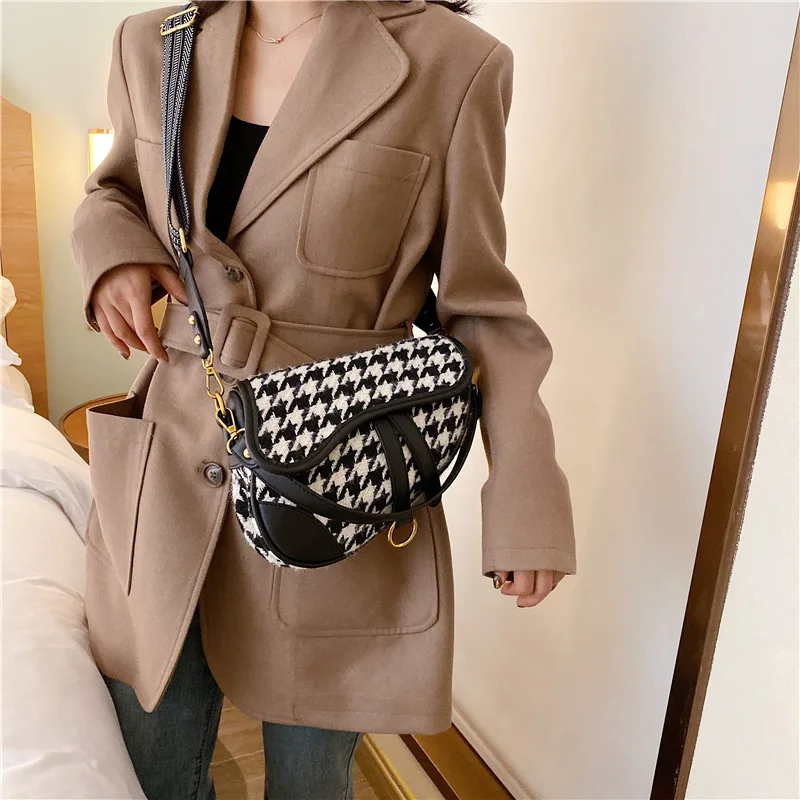 

Vintage Woolen Shoulder Bag Women's 2019 Autumn And Winter New Style Thousands of Birds Saddle Bag Korean-style Versatile Broadb