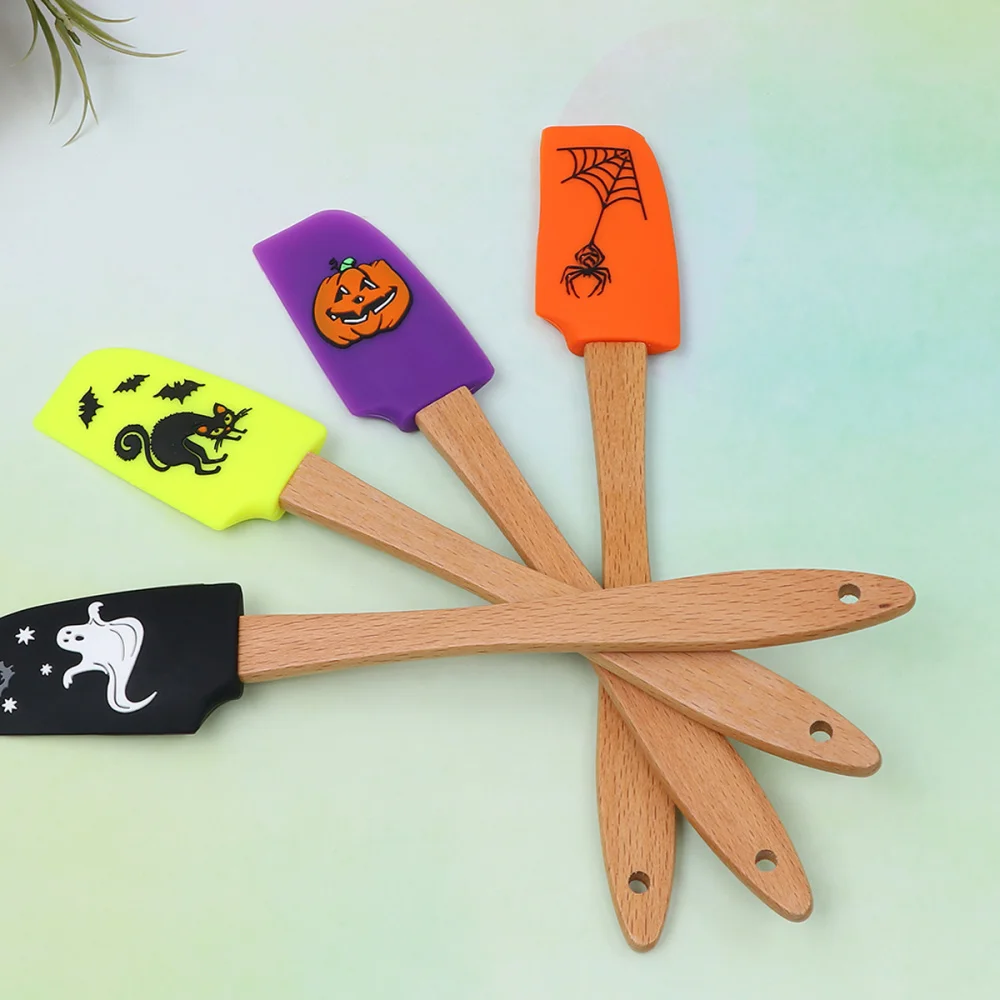 4pcs Halloween Wooden Handle Silicone Scraper Cream Spatula Baking Gadget Baking Supplies Kitchen Utensil for Home Bakery (Ghost