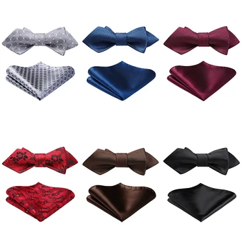 

HISDERN Men's Check Solid Floral Wedding Party Diamond Point Tip Self Bow tie & Pocket Square Set