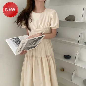 

Summer Women Vintage Puff Sleeve A- Line Long Dress Elegant High Waist Ruffle Back Bow Tie DressesAutumn Clothes Women