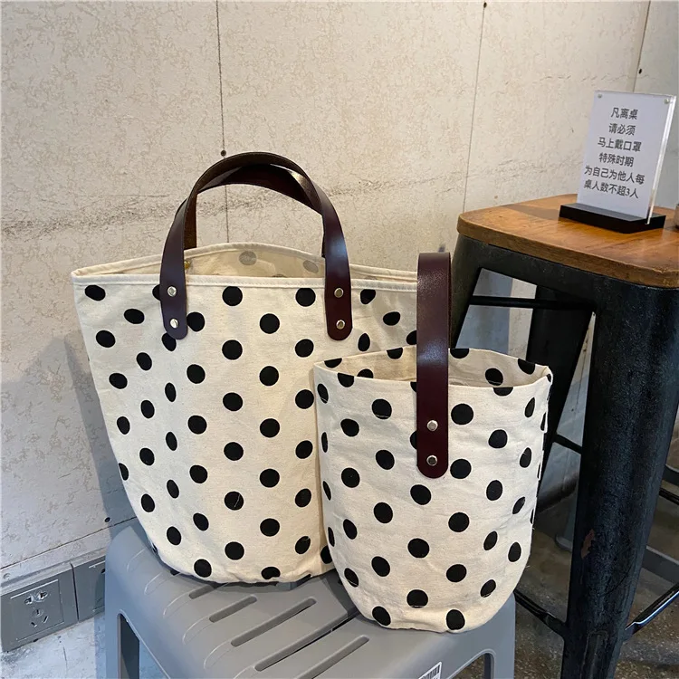 

French Retro Dot Women Canvas Handbags Fashion Smiley Ladies Picnic Bucket Bag Reusable Cotton Portable Lunch Box Bags Purses